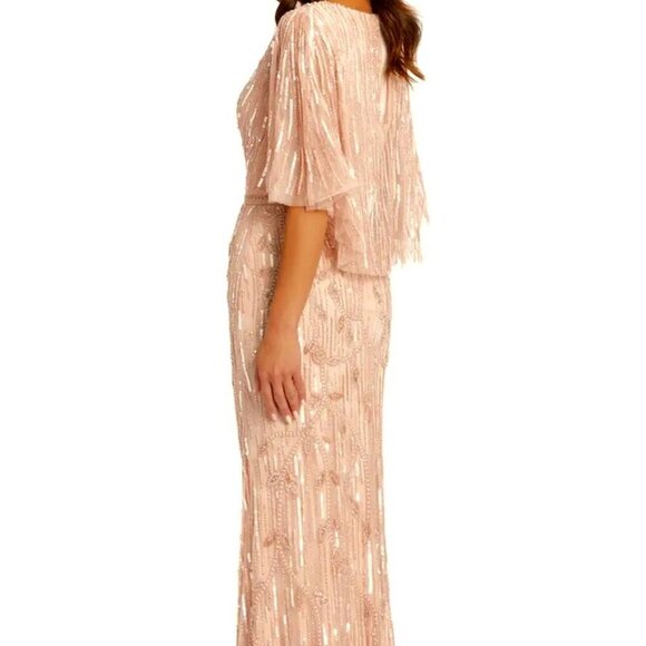 Mac Duggal Blush Sequin Flutter Cape Sleeve Mermaid Gown - Picture 3 of 5